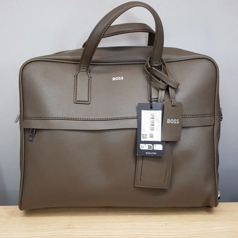HUGO BOSS Mens Briefcase Doc Case Brown Khaki Regenerated Leather Logo ZAIR S